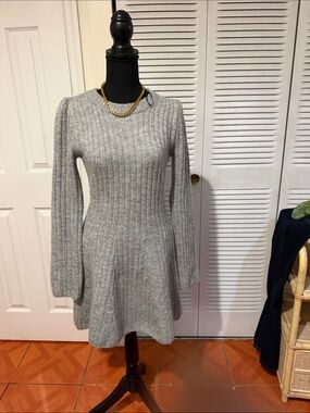 Divided Gray Ribbed Long-Sleeve Fit-and-Flare Knit Dress